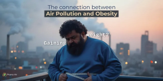 air pollution and obesity, an overweight man measuring size in high pollution