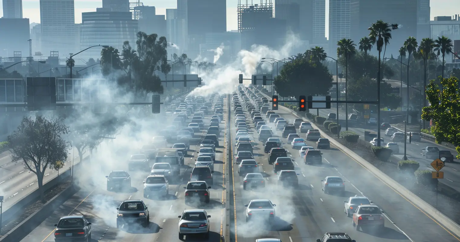 highway road with vehicles and emission and air pollution