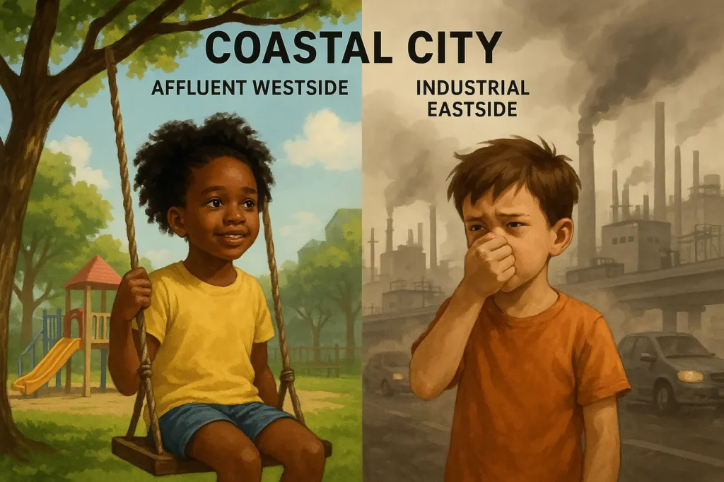Alt Text: air pollution and social inequity hotspots in Coastal City