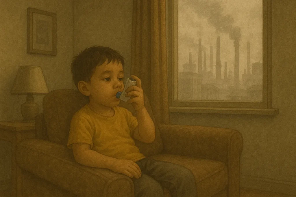 a child using inhaler for asthma during high outdoor air pollution