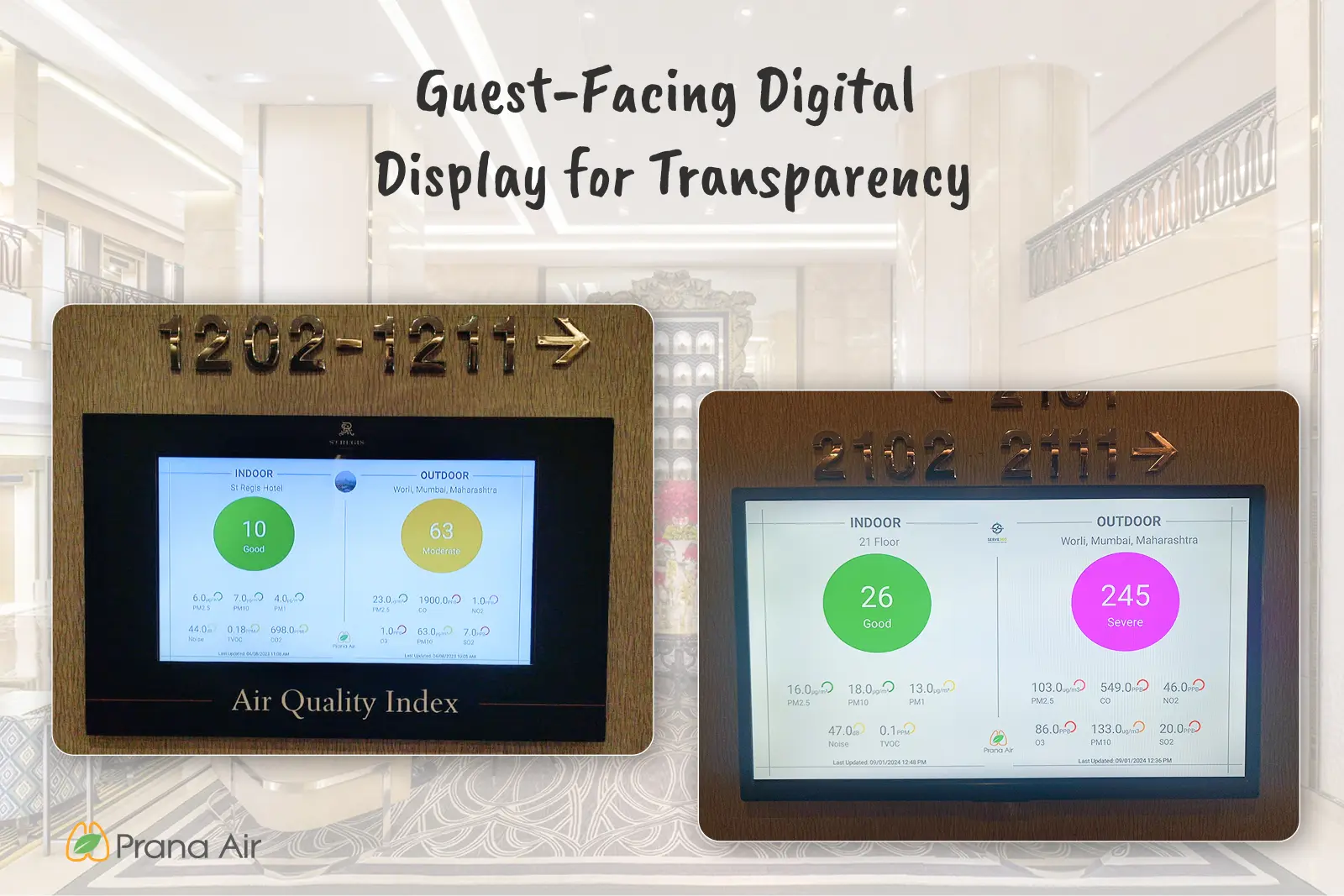 LED screen displaying indoor and outdoor air quality data comparison in a hotel