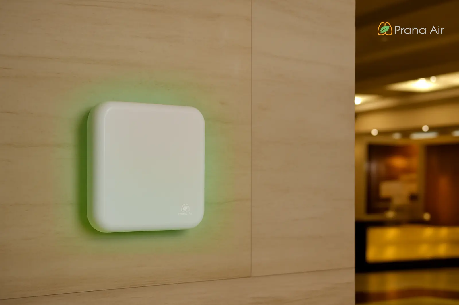 Prana Air's indoor air quality monitor Squair Lite installed on a wall of a hotel