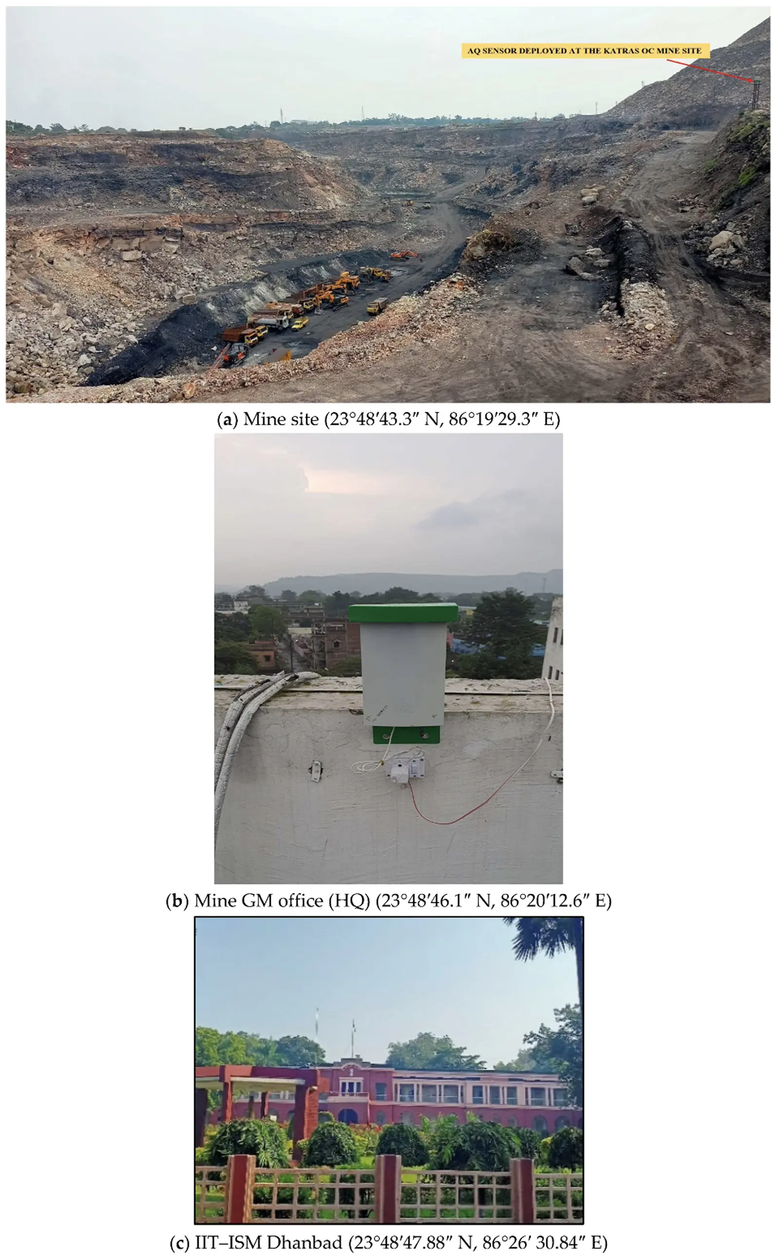 Photographs of sensor monitoring station deployed in (a) mine site, (b) mine GM office (HQ), 1.5 km from the mine, and (c) IIT–ISM Dhanbad, which is around 12 km from the mine site with geographical coordinates respectively