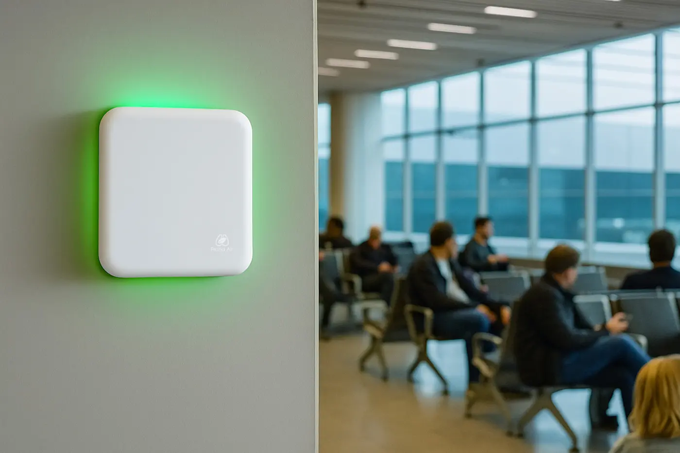 Squair indoor air quality monitor inside an airport's waiting area