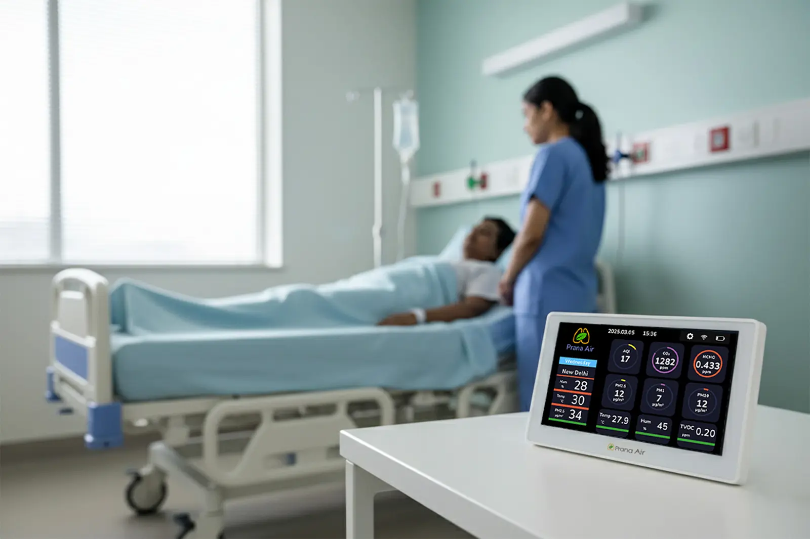 Prana Air's advanced indoor air quality monitor installed in a hospital