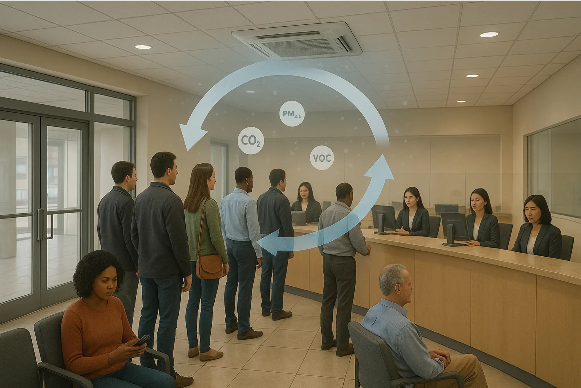 Air quality in Banks as people wanting for their turns and staff working.