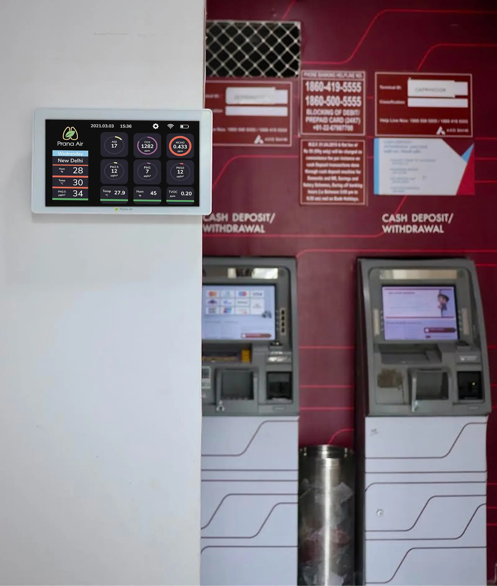 an indoor air quality monitor installed in an atm monitoring the air