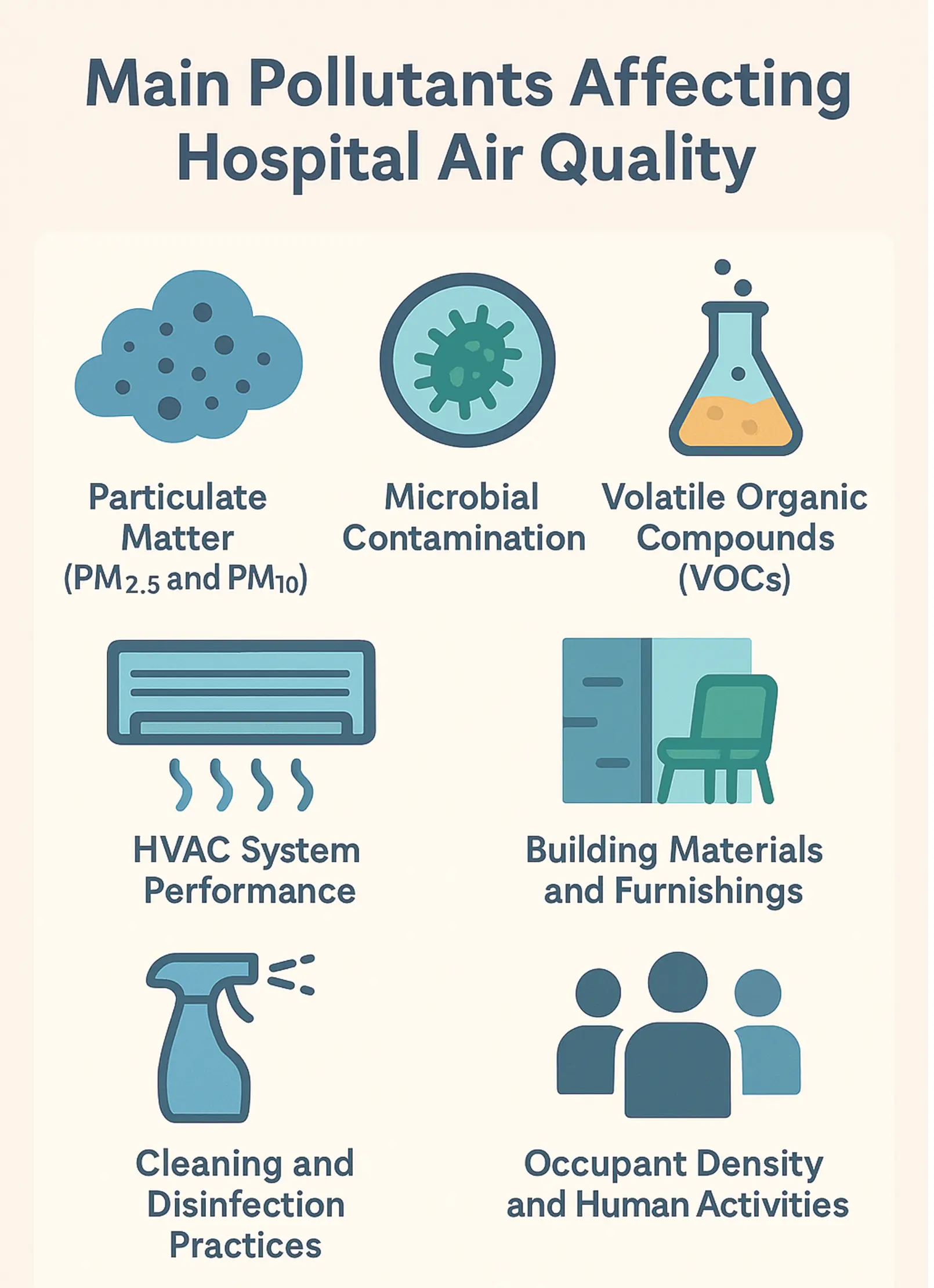 major pollutants that are presented in the hospital's indoor air quality and affecting the health