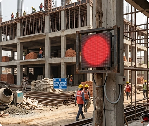Outdoor LED display board showing live PM2.5, PM10 readings at a Pune construction site