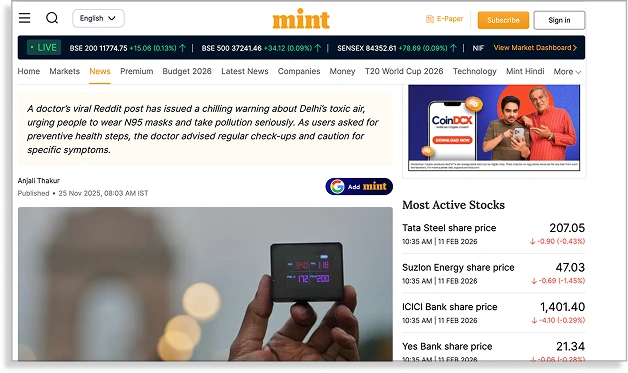 prana air pocket PM2.5 monitor on Hindustan Times news article