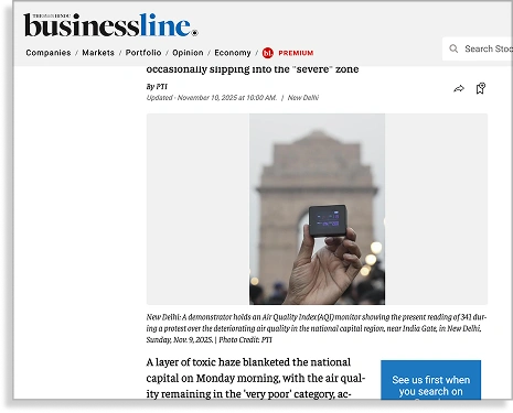 prana air pocket PM2.5 monitor on Business Line News article