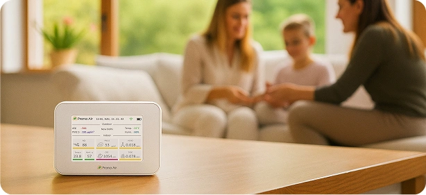 Air Quality Monitor device with display screen in home setting