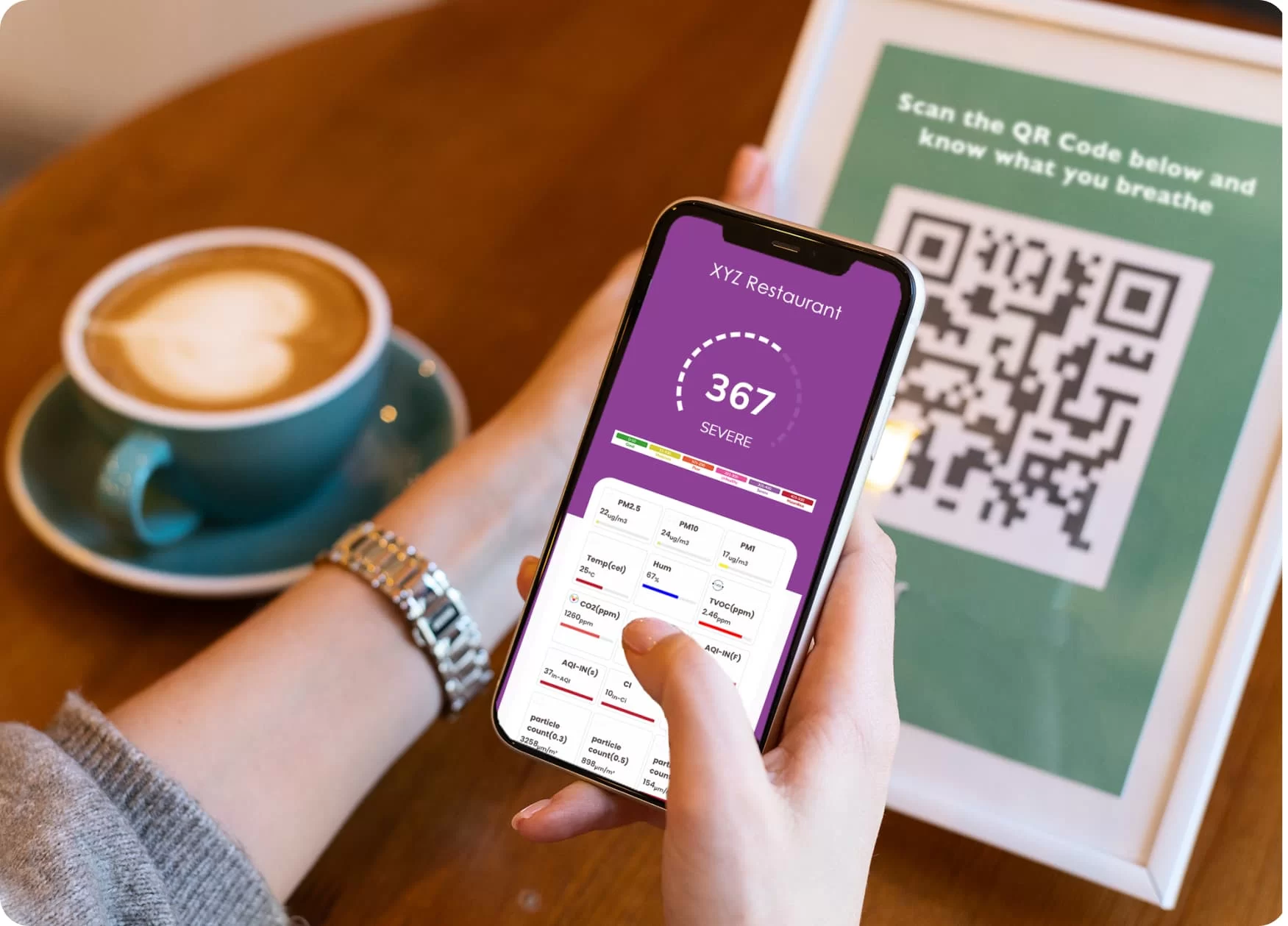 aqi monitor data qr code scan in a restaurant