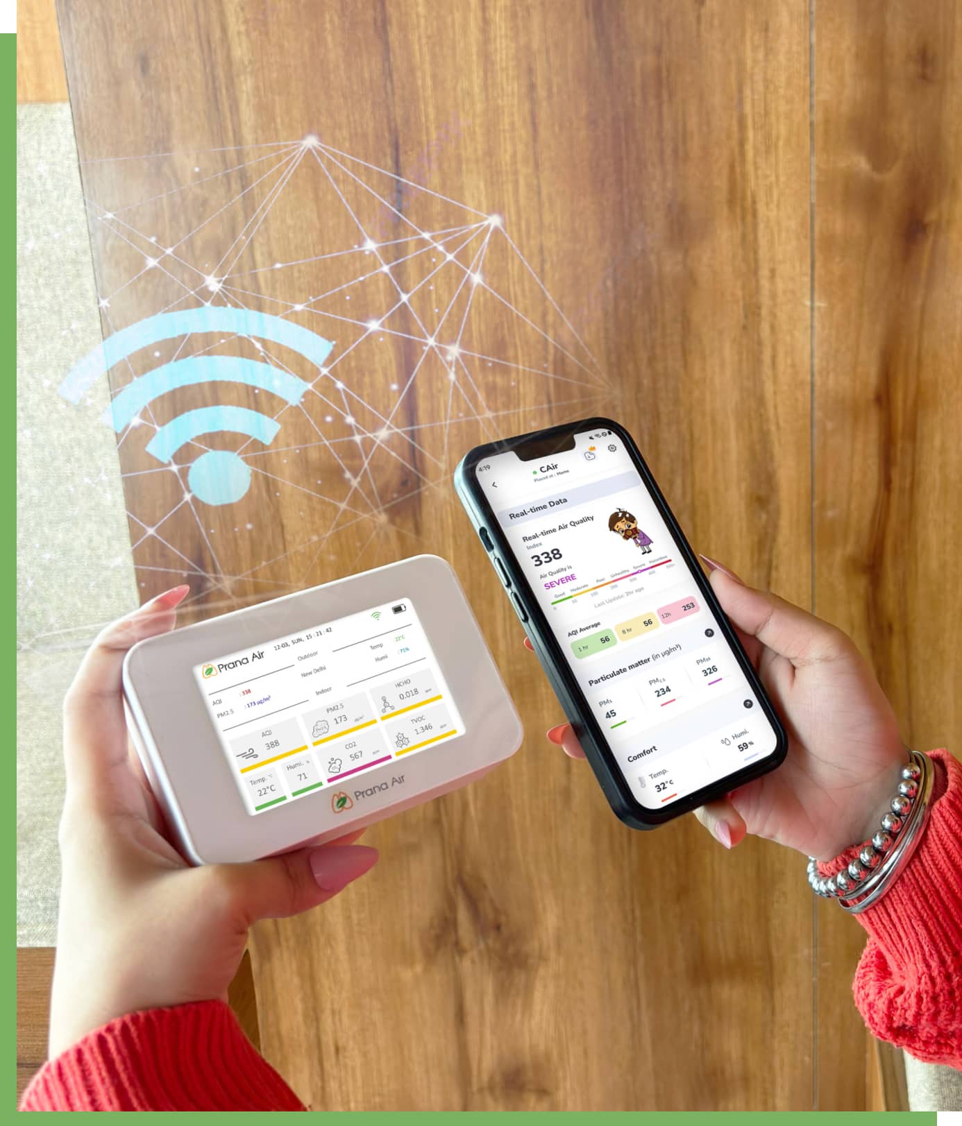 prana air cair air quality monitor connected with aqi mobile app