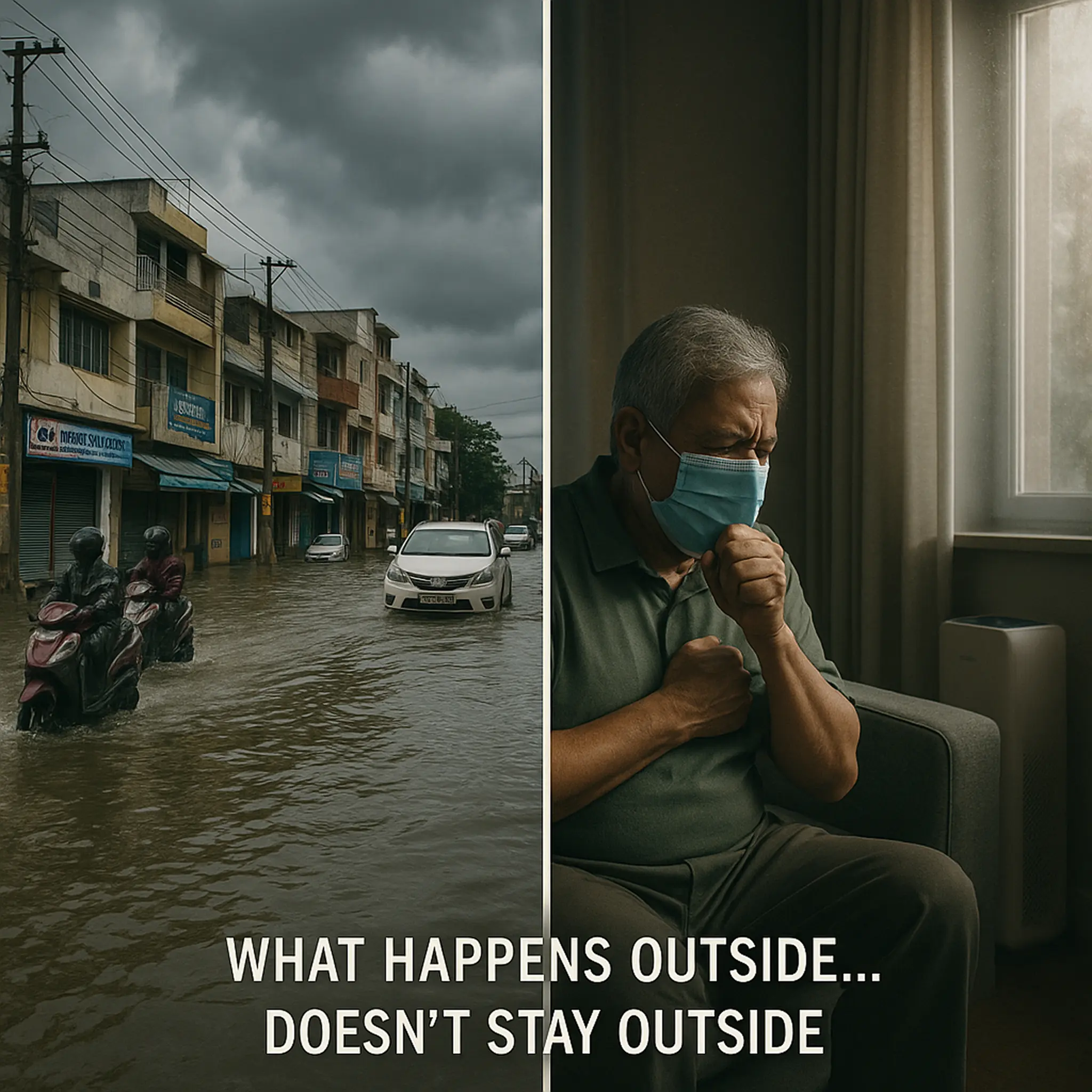 Outside flood and inside high indoor pollution