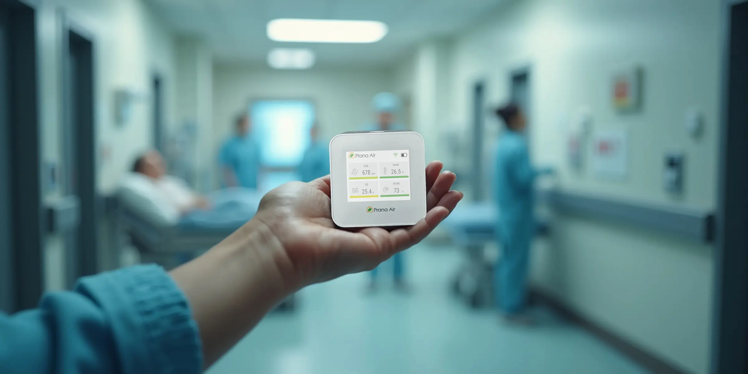 OxyCo monitor on a person's hand in the mid of the hospital ward