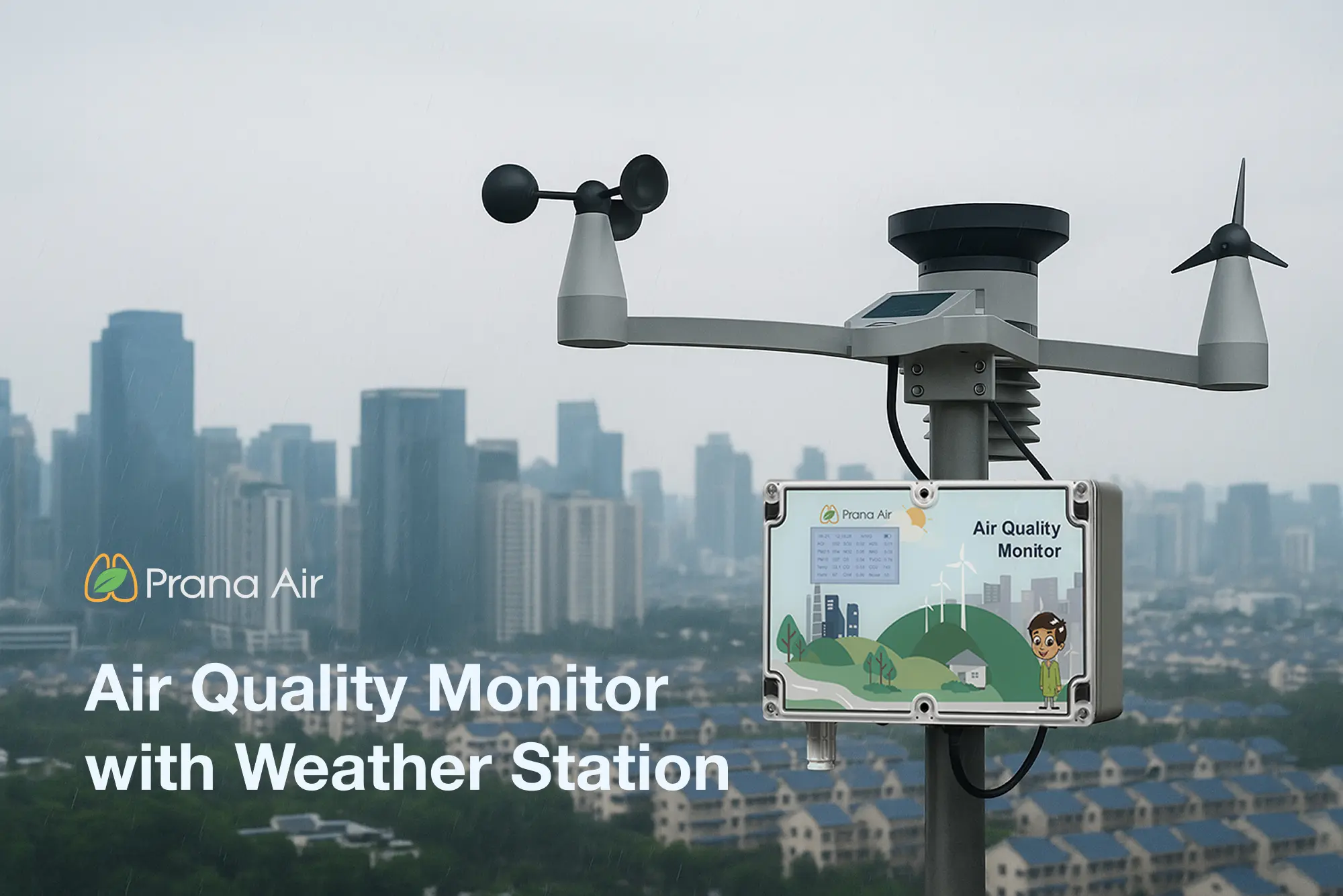 air quality monitor with weather station installed together on a pole
