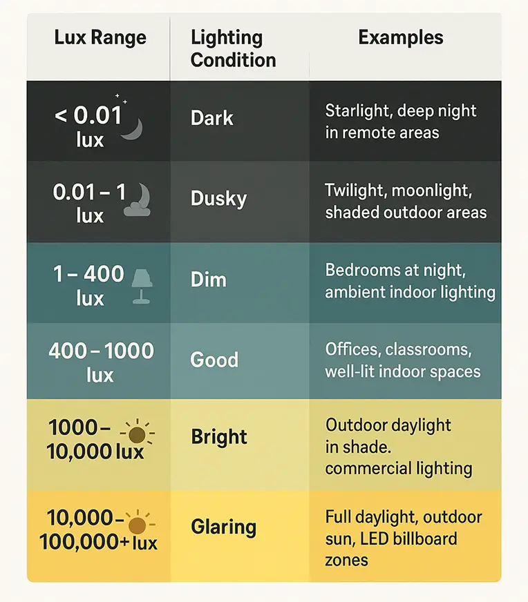 Different levels of light or lux in the environment