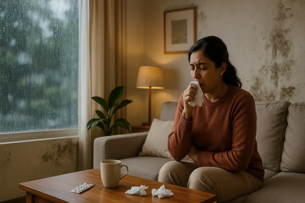 Woman suffering from poor indoor air quality during monsoon in a damp room with mold and rain outside