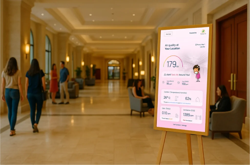 tela grande exibindo dados de qualidade do ar em um hotel