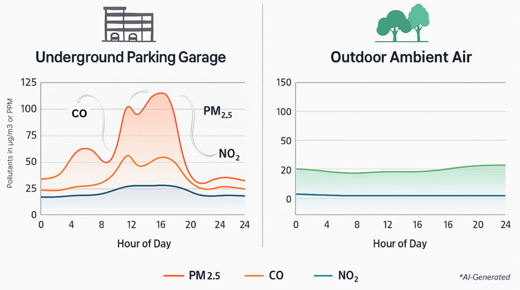 graph comparison to understand difference between the air quality inside a parking lot and outdoor