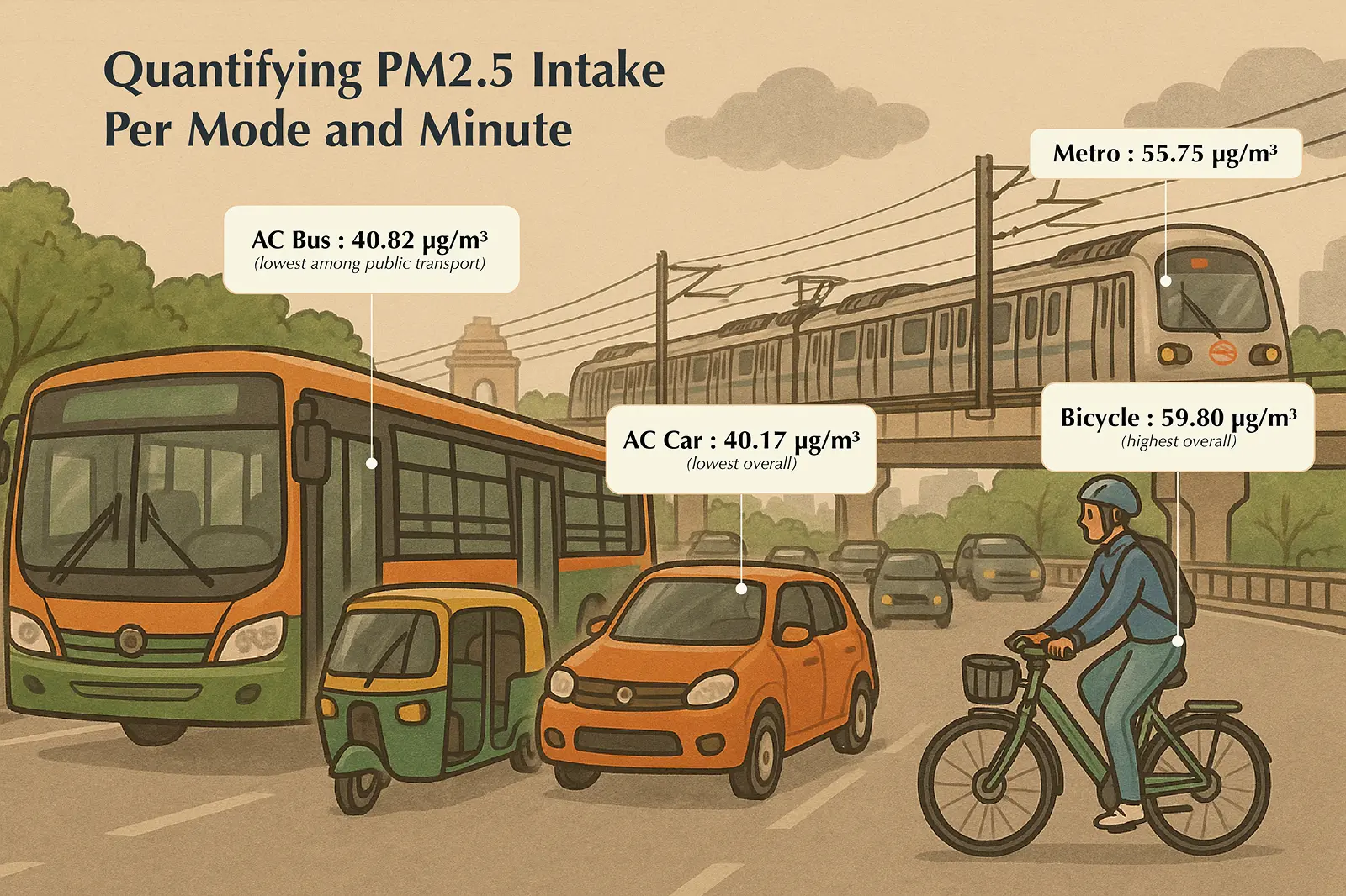 How much pollution commuters inhaled in each transport of Delhi