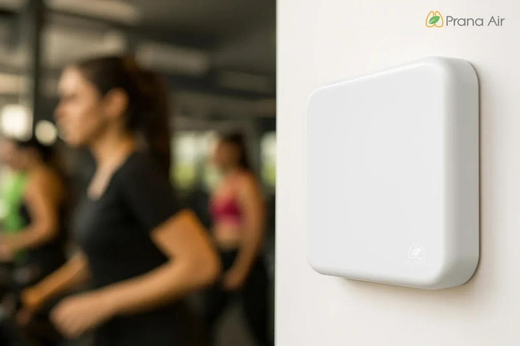 the best indoor air quality monitor, squair installed in a gym while doing workout