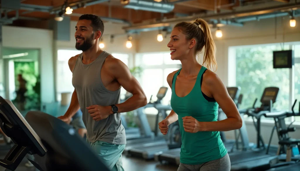 two people happily doing workout as on treadmill in a gym due to clean air
